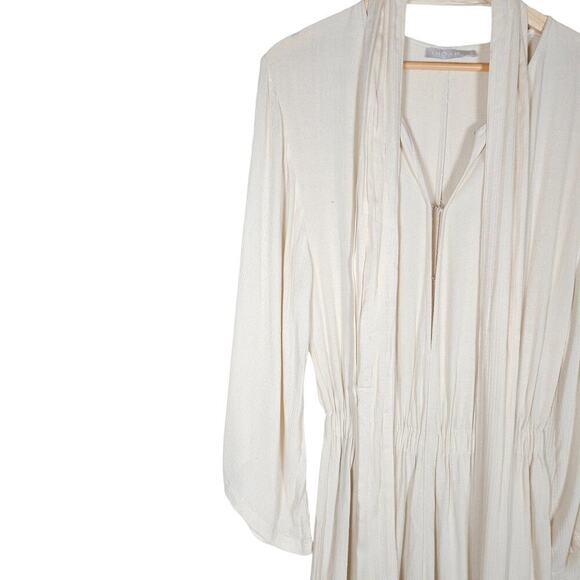 Indah Jumpsuit Small Cream Linen Blend Long Sleeves Neck Tie One Piece Outfit - Picture 3 of 15